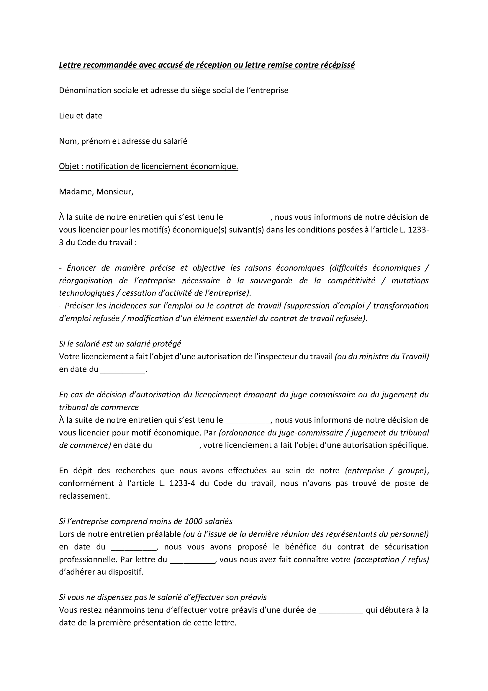 lettre de licenciement économique