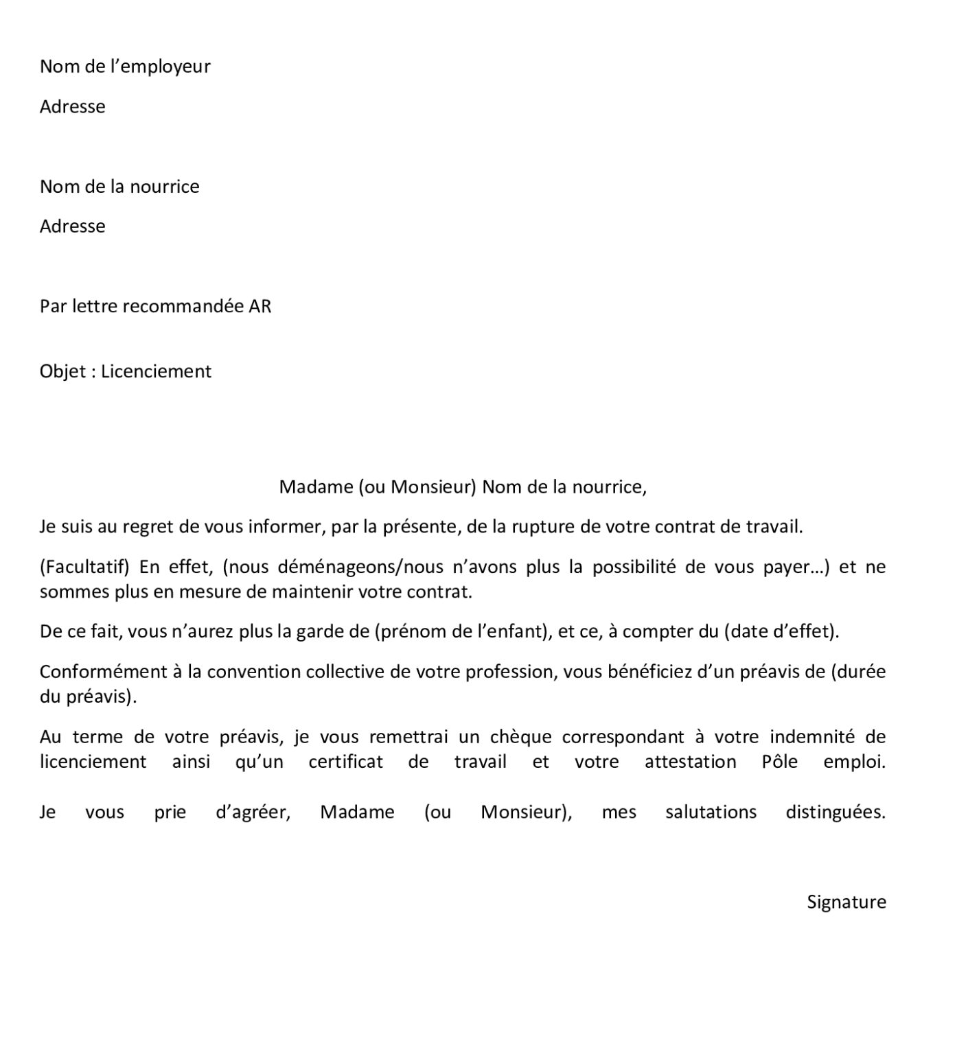 Lettre de licenciement d’une nourrice modèle gratuit